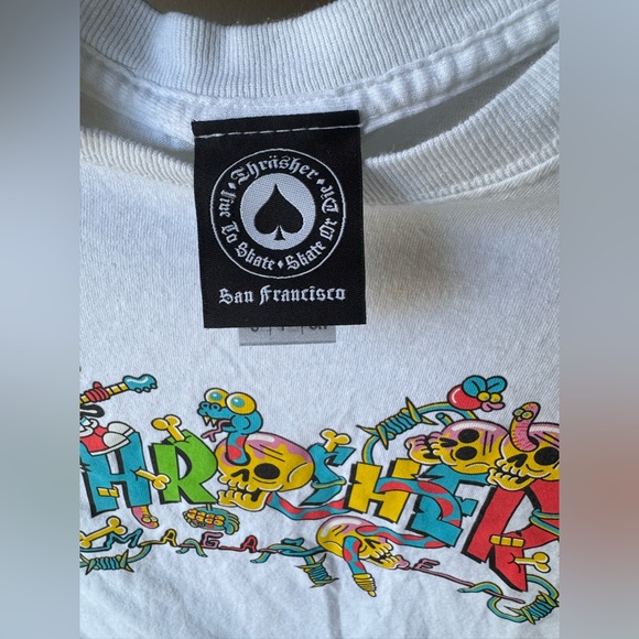 Thrasher Magazine DEVILS MUSIC LOGO Skateboard T Shirt WHITE Skulls Floral Small - Picture 2 of 6
